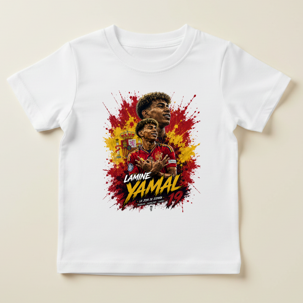 Tricou Lamine Yamal pentru Copii – 100% Bumbac, Design Fotbal Spania
