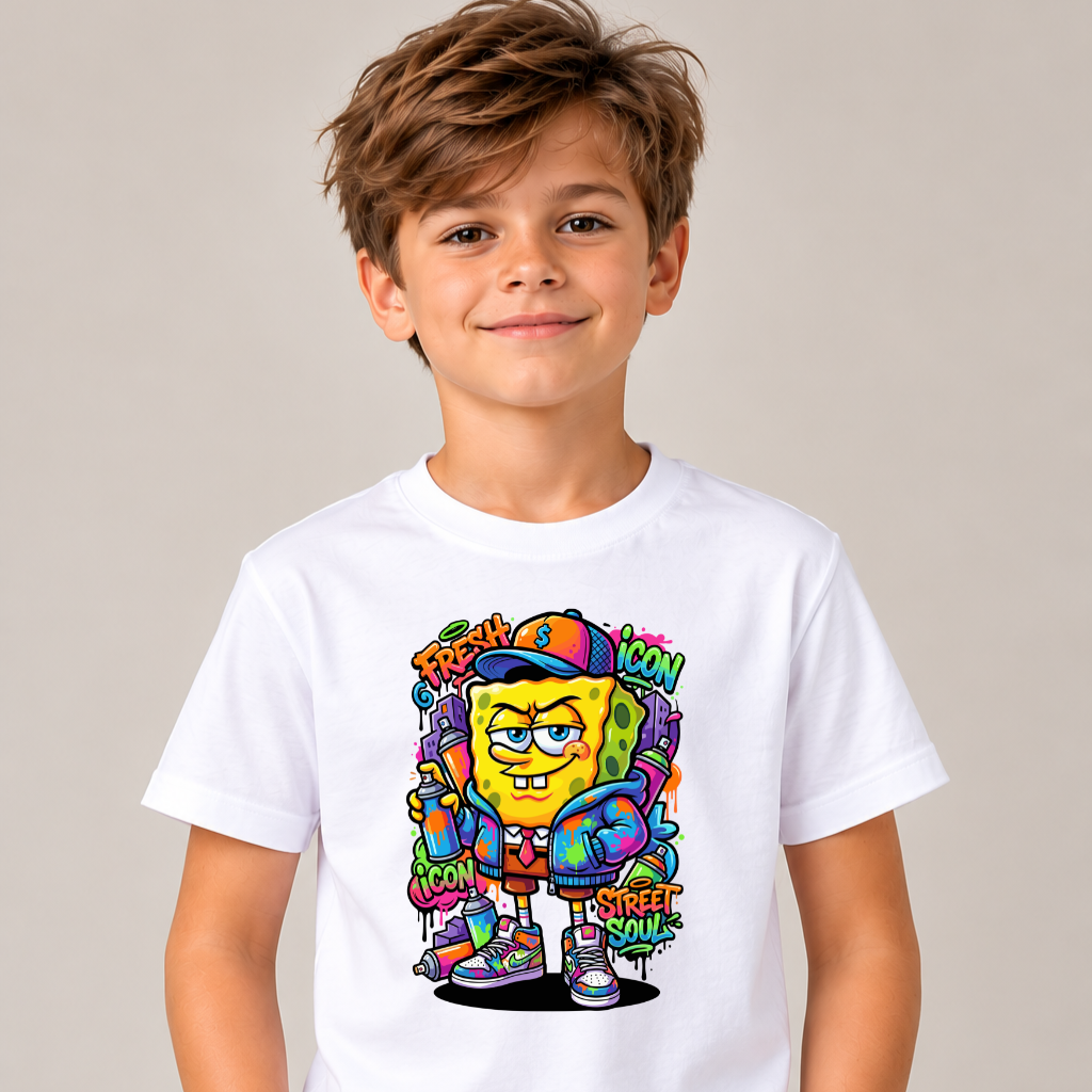 Tricou Copii SpongeBob Street Style – 100% Bumbac, Imprimeu Premium, Tricou Urban pentru Copii
