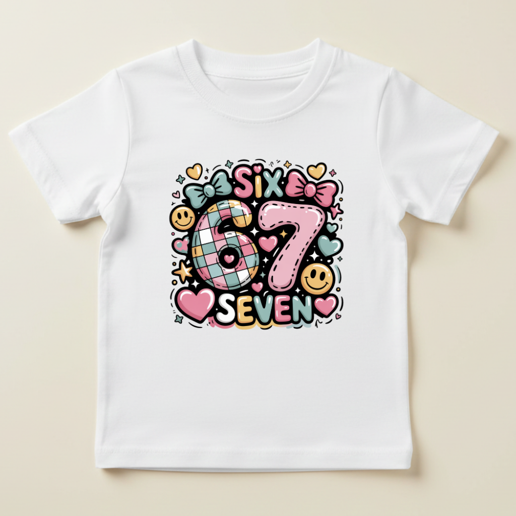 Tricou Fete „Six Seven” – 100% Bumbac, Imprimeu Premium, Tricou 67 Colorat pentru Copii