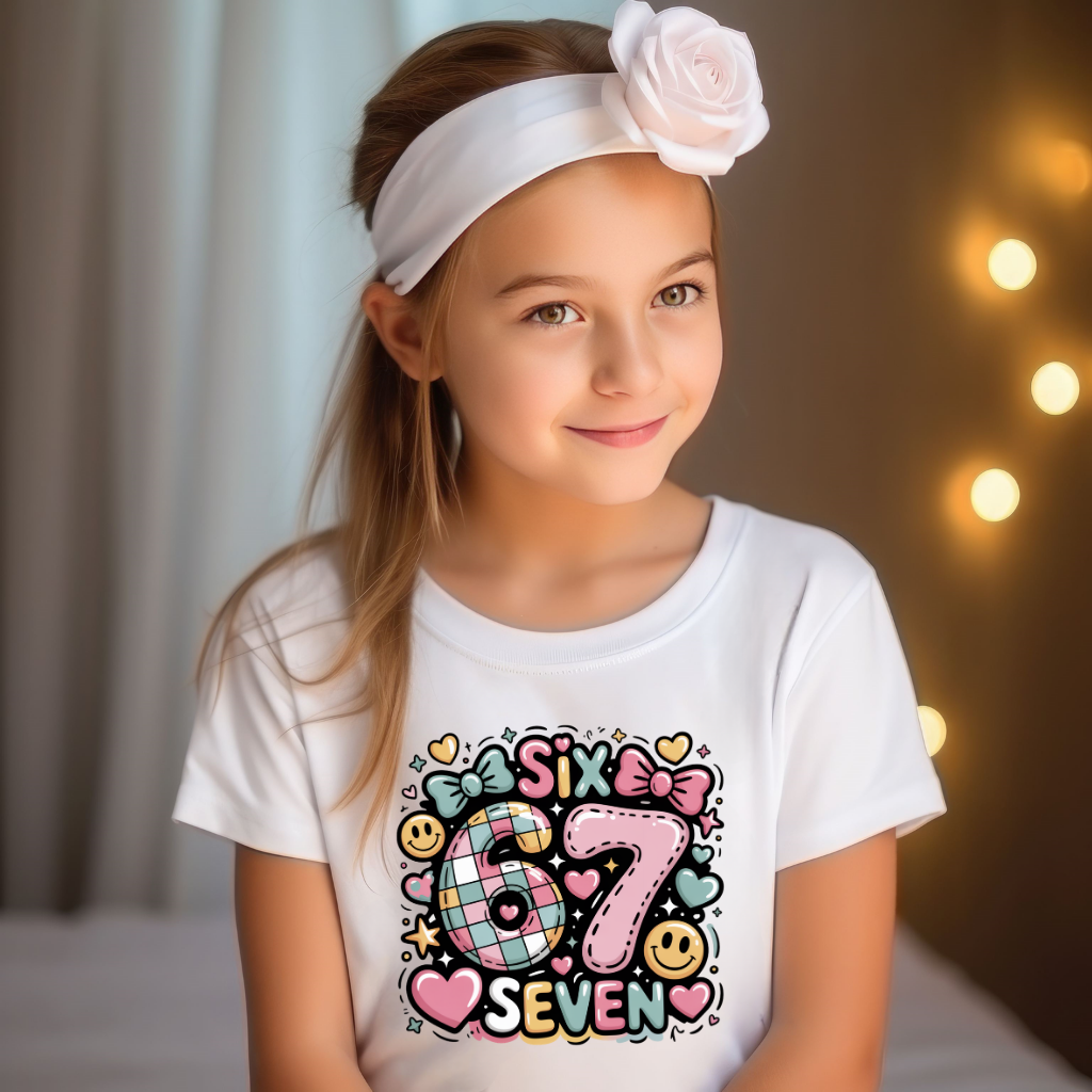 Tricou Fete „Six Seven” – 100% Bumbac, Imprimeu Premium, Tricou 67 Colorat pentru Copii