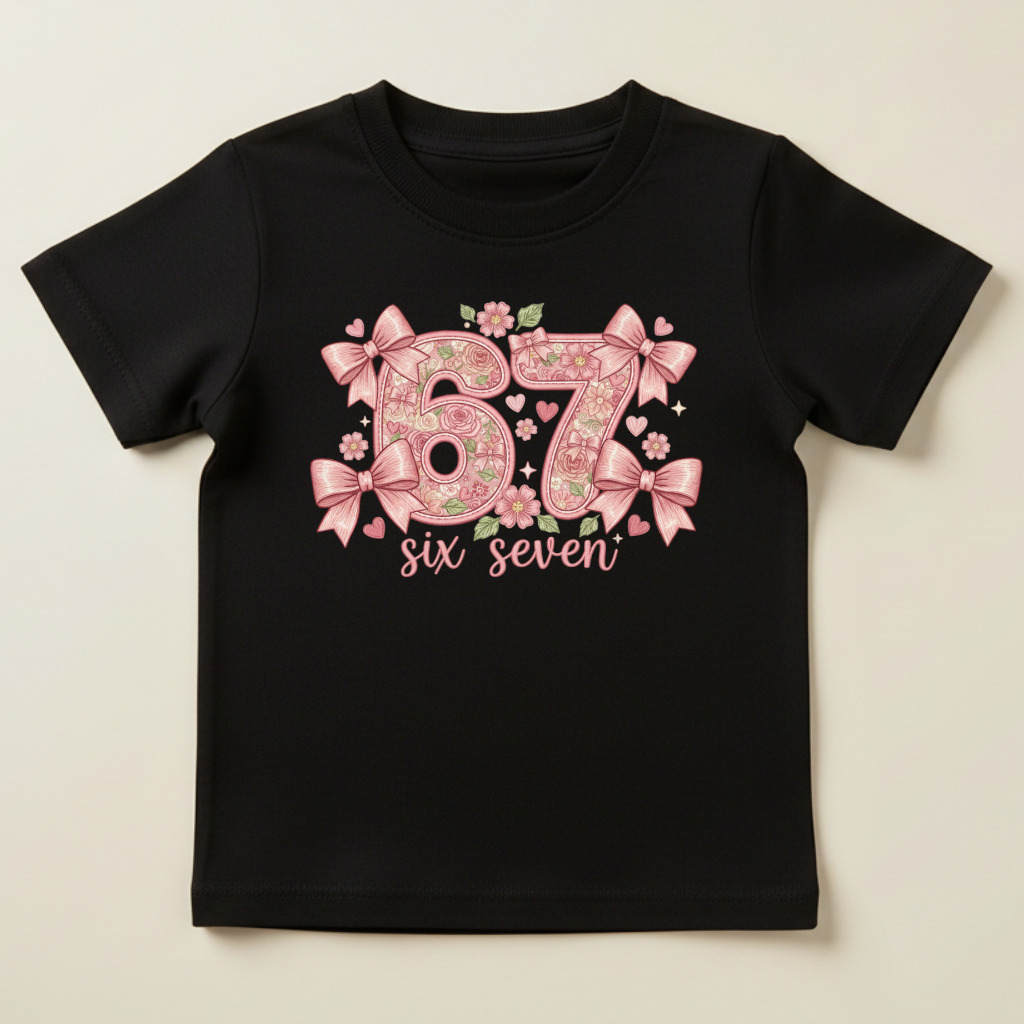 Tricou Fete „67 Six Seven” cu Fundițe – 100% Bumbac, Imprimeu Premium, Tricou Elegant pentru Copii