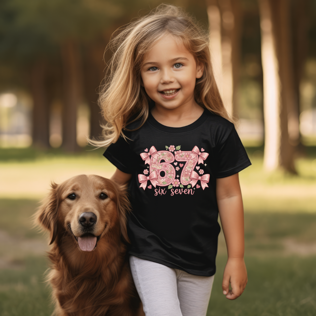 Tricou Fete „67 Six Seven” cu Fundițe – 100% Bumbac, Imprimeu Premium, Tricou Elegant pentru Copii