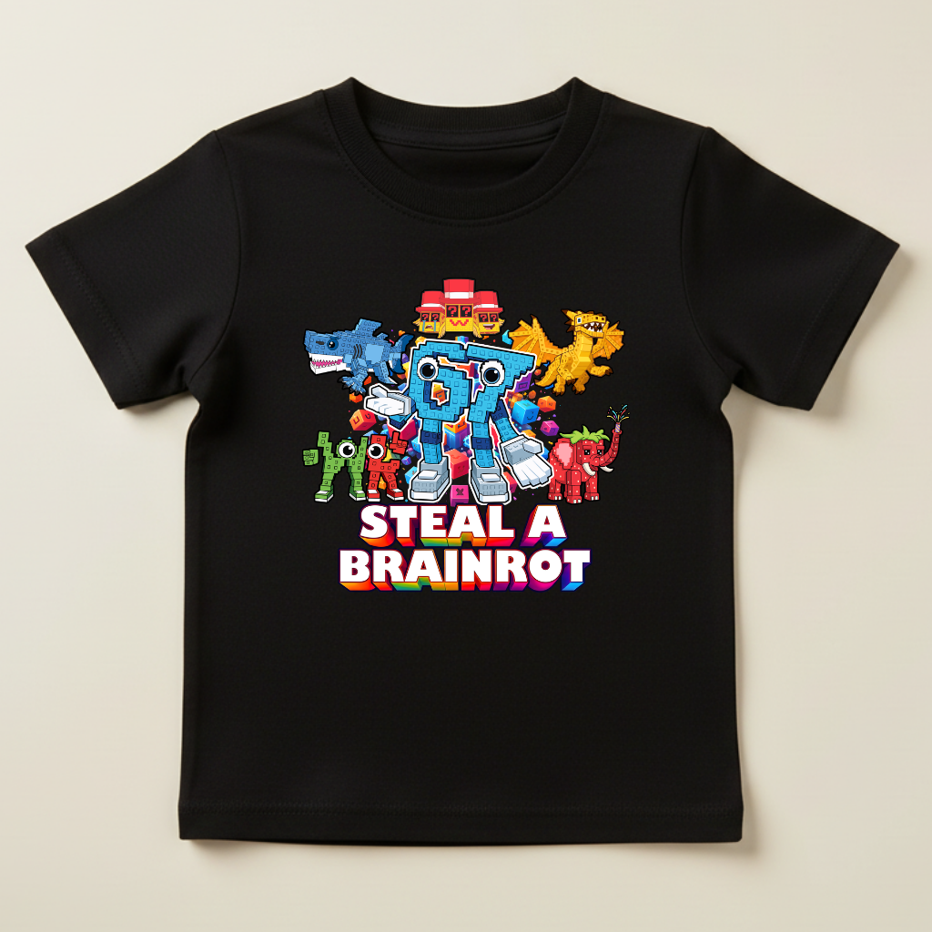 Tricou Copii „Steal A Brainrot” – 100% Bumbac, Imprimeu Premium, Tricou Gaming pentru Băieți