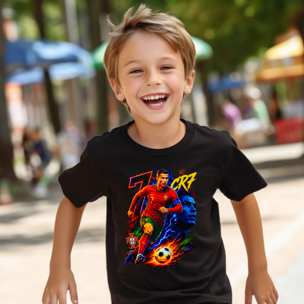 Tricou Cristiano Ronaldo CR7 pentru Copii – 100% Bumbac, Design Fotbal Premium