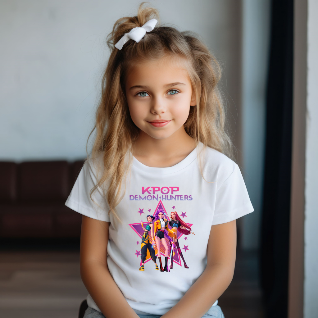 Tricou Fete KPOP Demon Hunters – 100% Bumbac, Imprimeu Premium, Tricou Anime & K-Pop pentru Copii