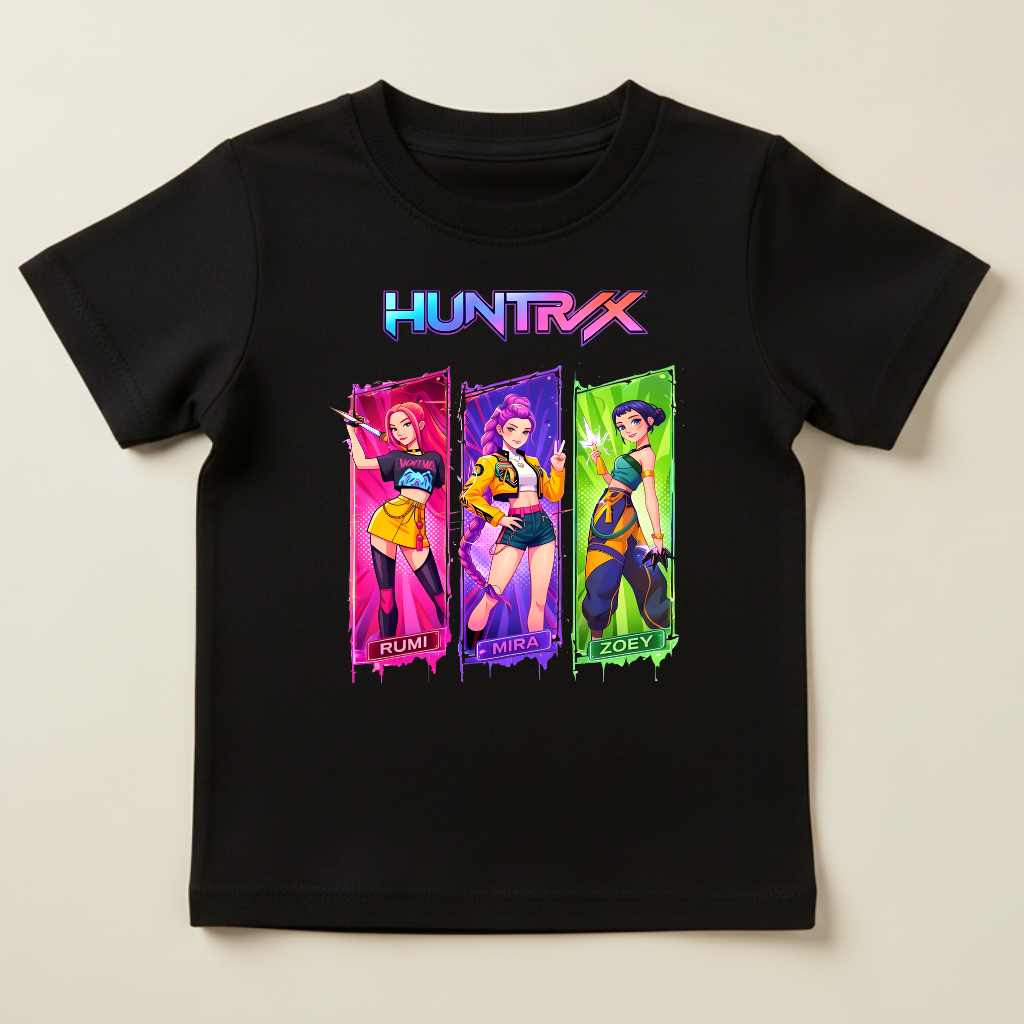 Tricou Fete Huntrix – KPOP Demon Hunters, 100% Bumbac, Rumi, Mira, Zoey
