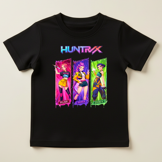 Tricou Fete Huntrix – KPOP Demon Hunters, 100% Bumbac, Rumi, Mira, Zoey