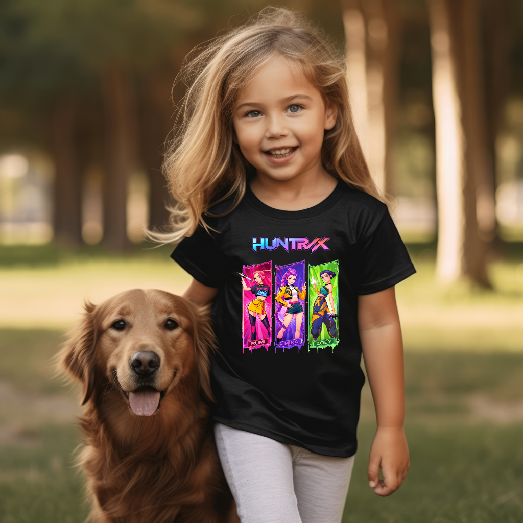 Tricou Fete Huntrix – KPOP Demon Hunters, 100% Bumbac, Rumi, Mira, Zoey