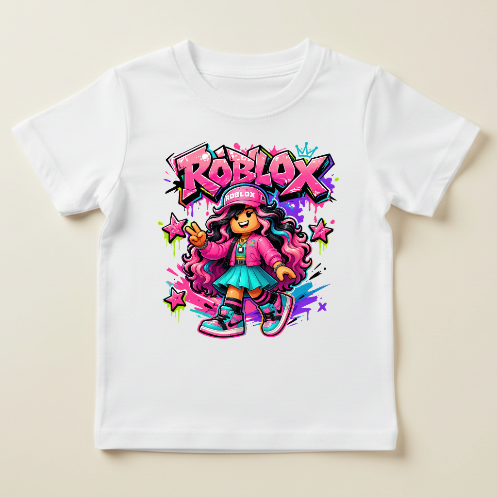Tricou Fete Roblox Roz – 100% Bumbac, Imprimeu Premium, Tricou Gaming pentru Copii