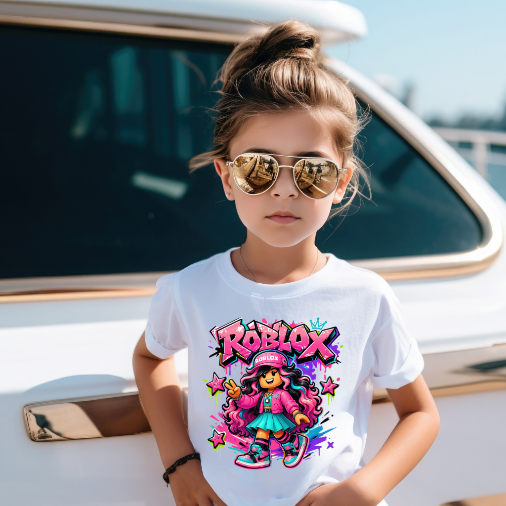 Tricou Fete Roblox Roz – 100% Bumbac, Imprimeu Premium, Tricou Gaming pentru Copii