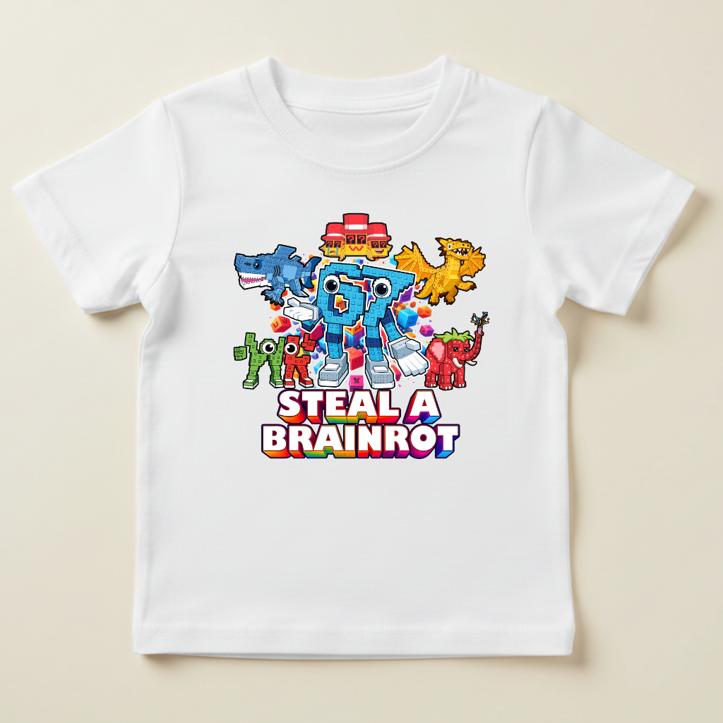 Tricou Copii „Steal A Brainrot” Alb – 100% Bumbac, Imprimeu Premium, Tricou Gaming pentru Băieți
