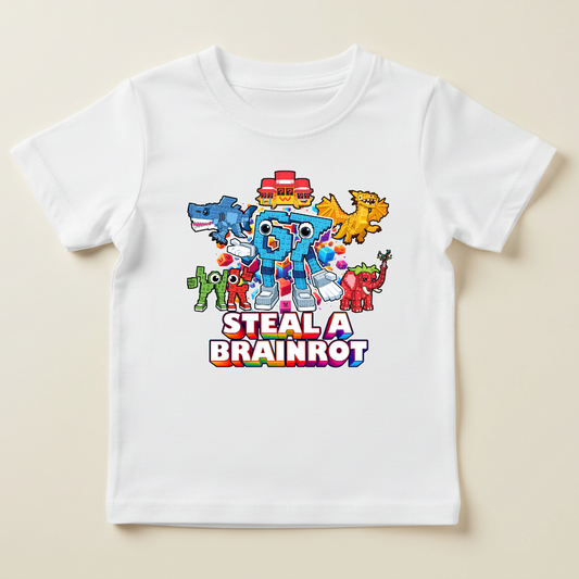 Tricou Copii „Steal A Brainrot” Alb – 100% Bumbac, Imprimeu Premium, Tricou Gaming pentru Băieți
