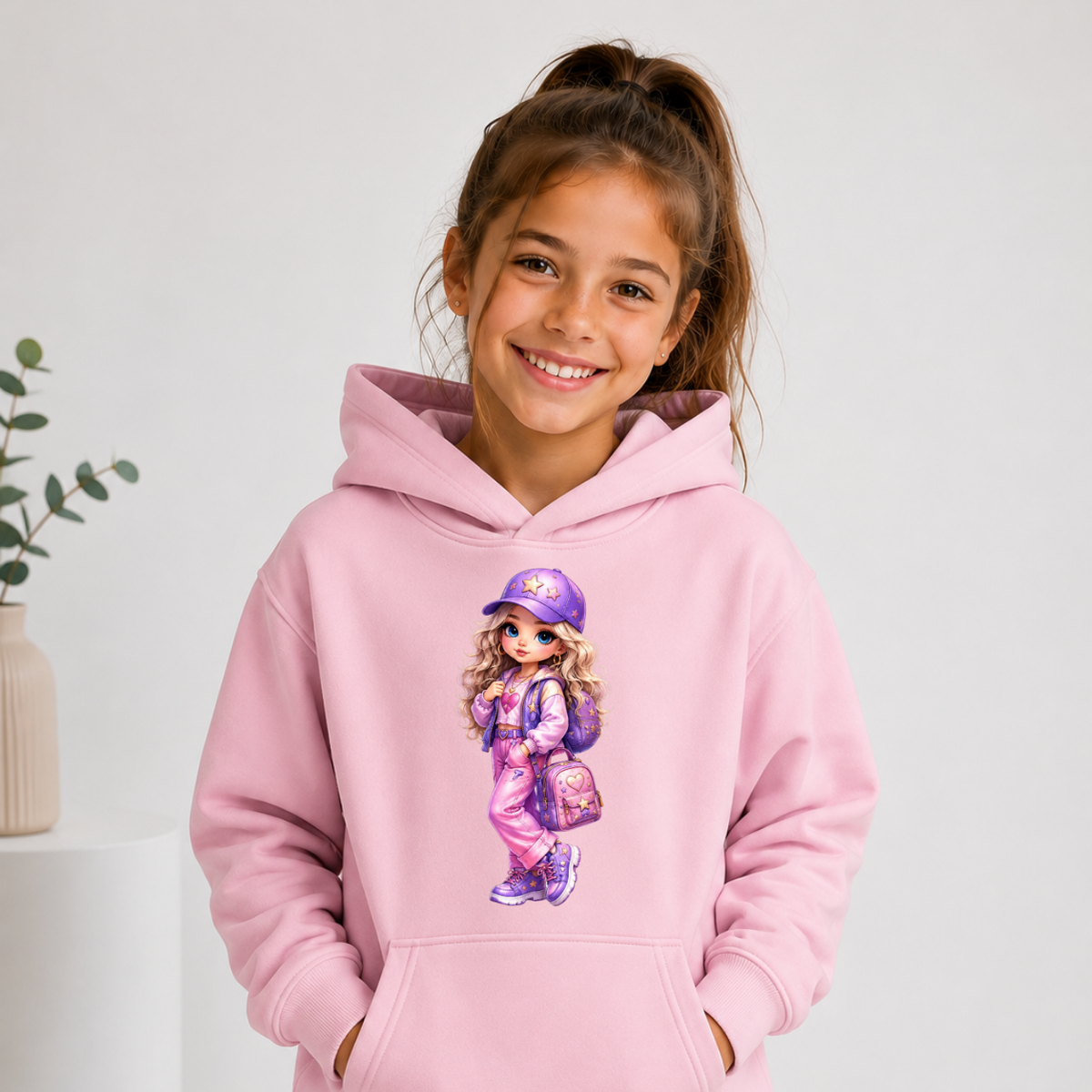 Hanorac Copii Roz Fashion Girl din Bumbac – cu Glugă și Interior Căptușit cu Polar