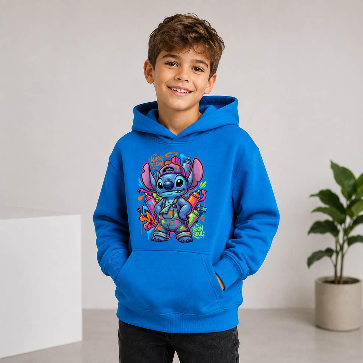 Hanorac Copii Stitch din Bumbac – cu Glugă și Interior Căptușit cu Polar