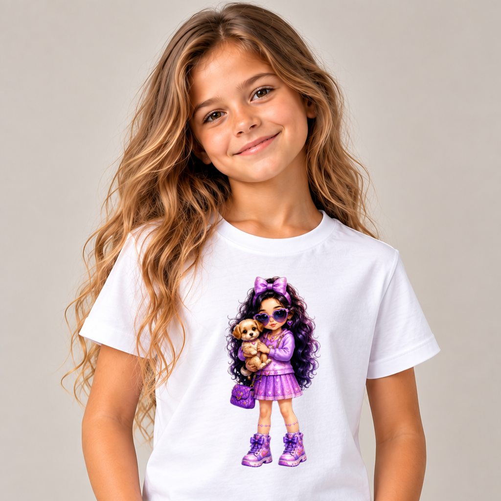 Tricou Fete cu Fetiță și Cățeluș – 100% Bumbac, Imprimeu Premium, Tricou pentru Copii