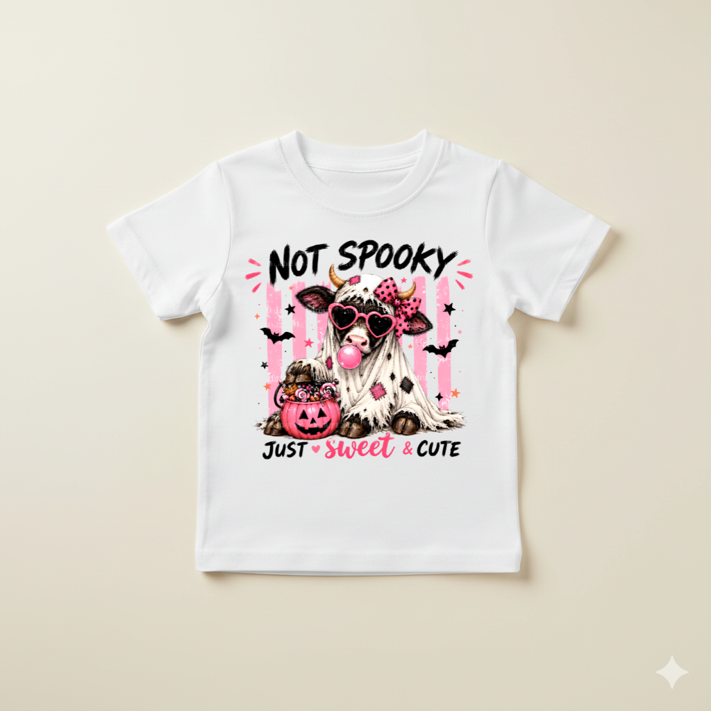 Tricou Fete Halloween cu Vacuță „Not Spooky” – 100% Bumbac, Imprimeu Premium