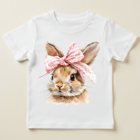 Tricou iepuraș maro cu fundiță roz