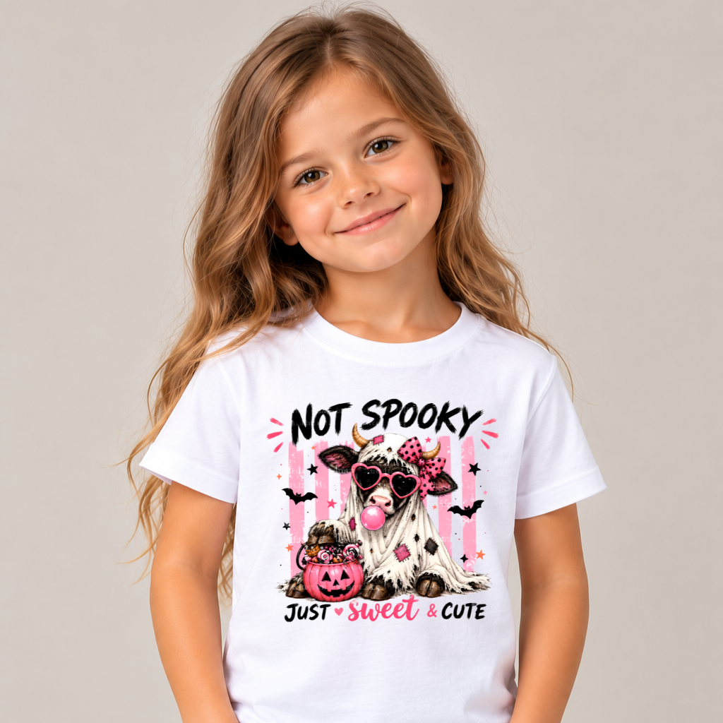 Tricou Fete Halloween cu Vacuță „Not Spooky” – 100% Bumbac, Imprimeu Premium